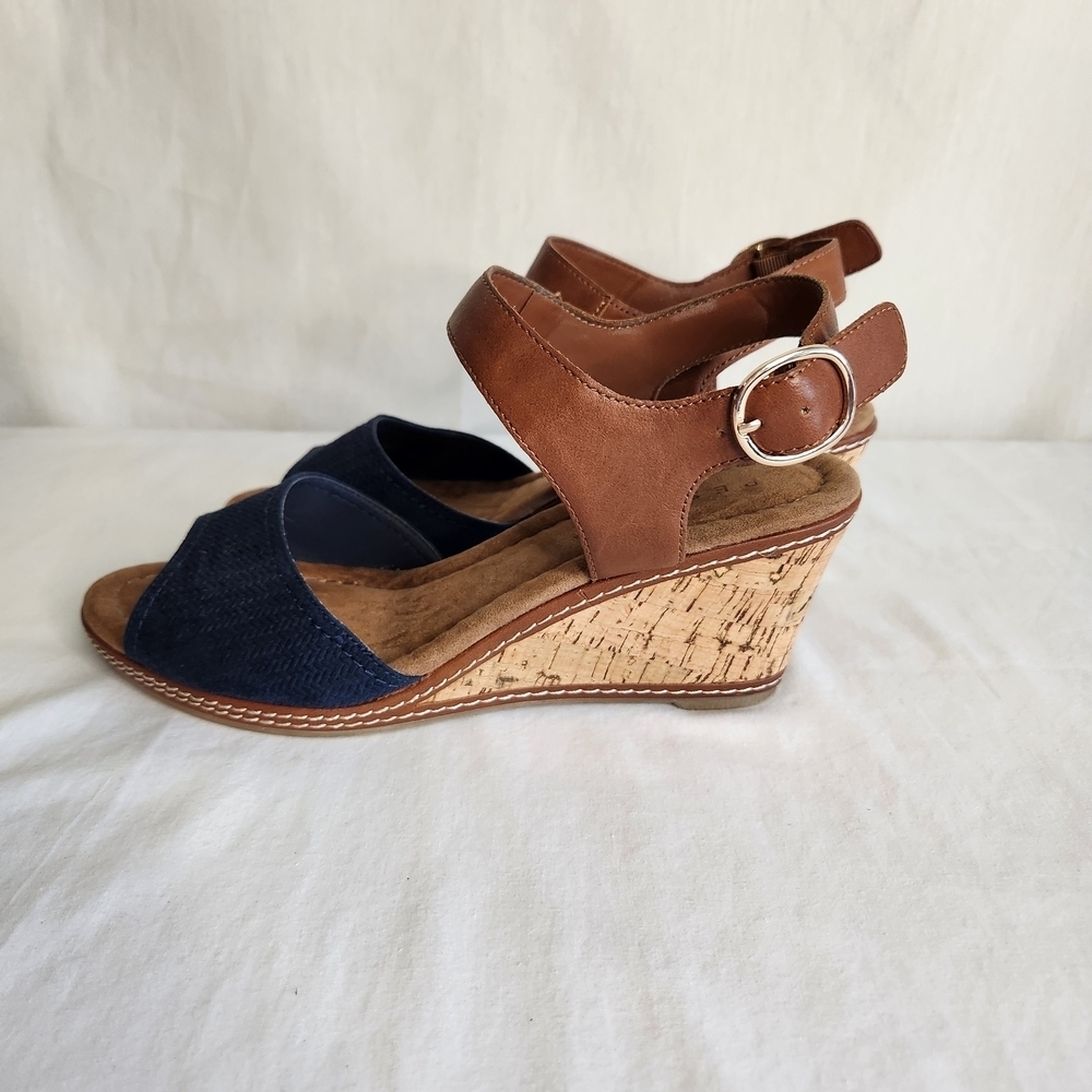 SOLD!!!  Pesaro Wedge Espadrille Sandals Navy Brown Leather Size 10 Cottage - Picture 2 of 6